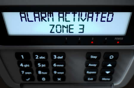A 3D render of a home security keypad access panel with buttons and an illuminated screen displaying a break in or security breachの写真素材
