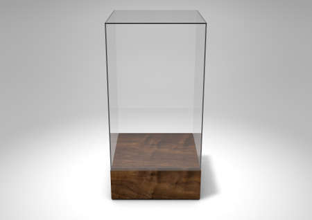 A 3D rendering of an empty glass display case  with a wooden base on an isolated white studio backgroundの写真素材