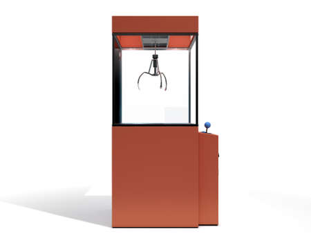 A 3D render of an empty arcade type claw grabber game on an isolated white background