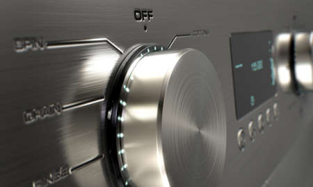 A 3D render of a closeup of the dials of a modern stainless steel washing machine with illuminated...