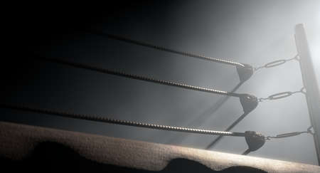 A 3D render of an old vintage boxing ring surrounded by ropes spotlit dramatically on one corner on...