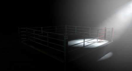 A 3D render of a modern boxing ring with a blue and red area spotlit dramatically on one corner on an isolated dark backgroundの写真素材
