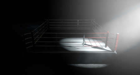 A 3D render of a modern boxing ring with a blue and red area spotlit dramatically on one corner on an isolated dark backgroundの写真素材