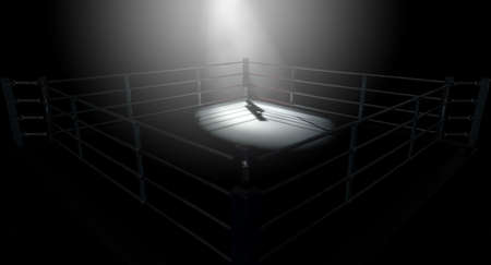 A 3D render of a modern boxing ring with a blue and red area spotlit dramatically on one corner on an isolated dark backgroundの写真素材