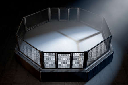 A 3D render of an MMA fight cage arena dressed in black padding spotlit by a single light on an isolated dark backgroundの写真素材
