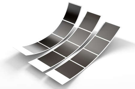 A 3D render of a three strips of blank photos from an instant photo booth on an isolated white studio backgroundの写真素材