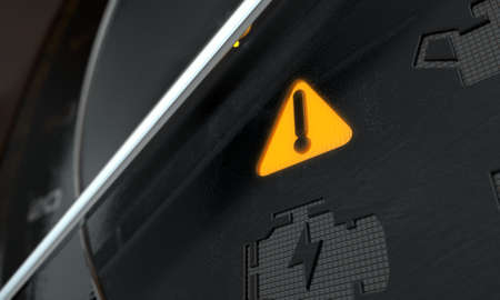 A 3D render of an extreme closeup of an illuminated general warning dashboard light on an dashboard...