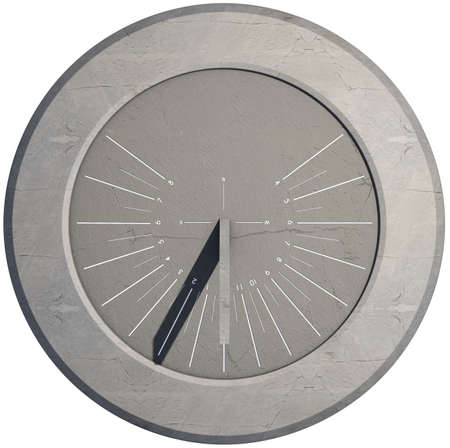 A 3D render of a sleek modern sundial clock made of stone with white markings on an isolated white...
