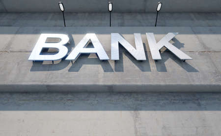 A 3D render of laser cut signage above the entrance to a modern generic bank building composed of exposed concrete in the day timeの写真素材