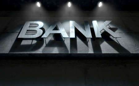 A 3D render of laser cut signage above the entrance to a modern generic bank building composed of exposed concrete in the night timeの写真素材