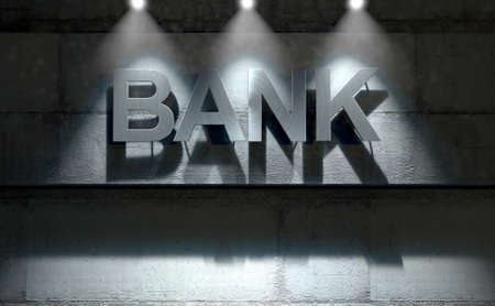 A 3D render of laser cut signage above the entrance to a modern generic bank building composed of exposed concrete in the night timeの写真素材
