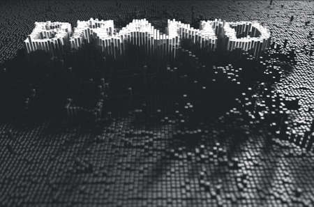 A 3D render of a microscopic closeup concept of small cubes in a random layout that build up to form the word brand illuminatedの写真素材