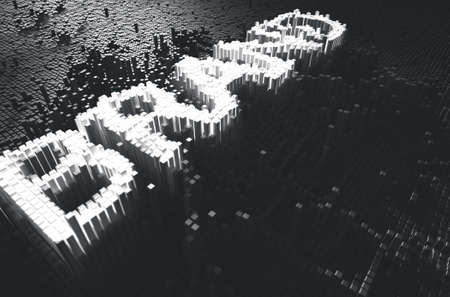A 3D render of a microscopic closeup concept of small cubes in a random layout that build up to form the word brand illuminatedの写真素材