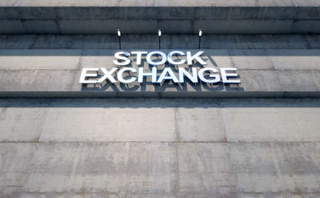 A 3D render of laser cut signage above the entrance to a modern generic stock exchange building composed of exposed concrete in the day timeの写真素材