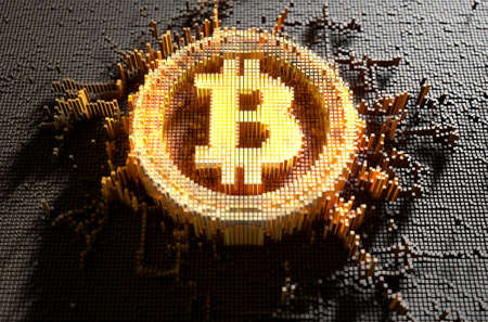 A 3D render of a microscopic closeup concept of small cubes in a random layout that build up to form...