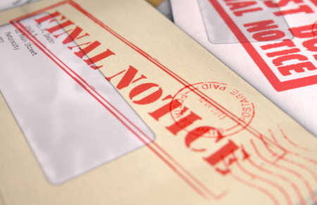 A 3D render of a scattered stack of regular envelopes with delivery stamps and a clear window and...