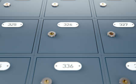 A 3D render of a bank of private numbered post office mail boxes with a locking mechanism