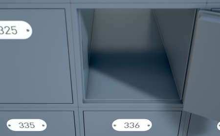 A 3D render of a bank of private numbered post office mail boxes with one open revealing nothing insideの写真素材