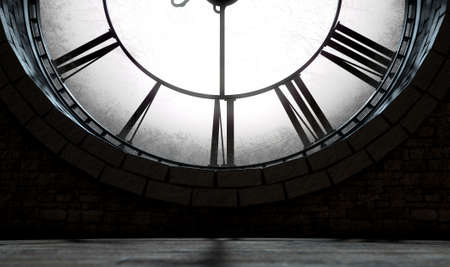 A 3D render of the interior of the attic room behind an antique tower clock backlit and illuminated...