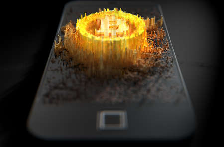 A 3D render of a microscopic closeup concept of small cubes in a random layout that build up to form the bitcoin symbol illuminated on a generic smartphoneの写真素材