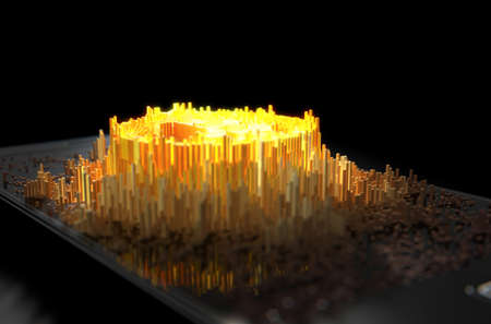 A 3D render of a microscopic closeup concept of small cubes in a random layout that build up to form...