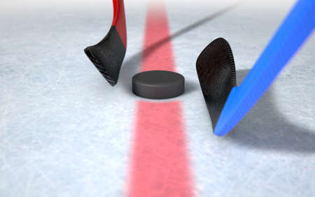 A 3D render of the center mark of an ice hockey rink stadium with a hockey puck and opposing sticks