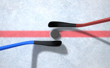 A 3D render of the center mark of an ice hockey rink stadium with a hockey puck and opposing sticksの写真素材