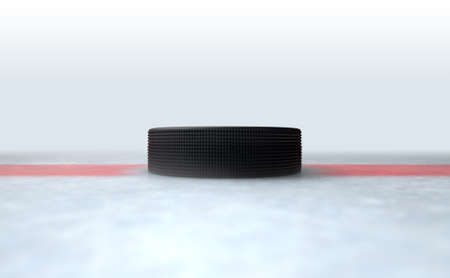 A 3D render of the center mark of an ice hockey rink stadium with a hockey puckの写真素材