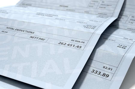 A 3D render concept showing two fictitious paychecks with a huge difference in the nett pay highlighting the income inequality created by capitalismの写真素材