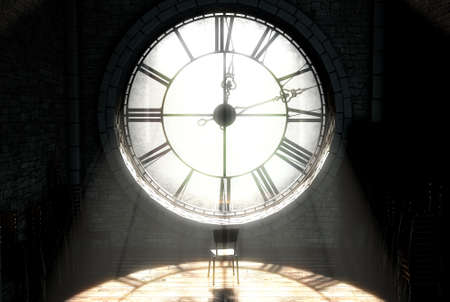 A 3D render of the attic room behind an antique tower clock brightly illuminated by the sun revealing an empty chair looking outwards
の写真素材