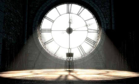 A 3D render of the attic room behind an antique tower clock brightly illuminated by the sun revealing an empty chair looking outwards
の写真素材