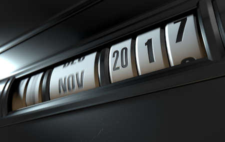A 3D render timelapse of a mechanical odometer concept with dates and years increasing over time
