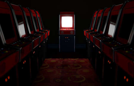 A 3D render of an aisle of switched off vintage arcade game machines with one at the end with an...