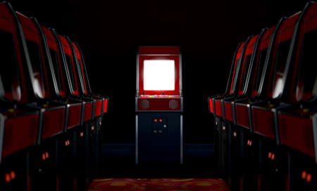 A 3D render of an aisle of switched off vintage arcade game machines with one at the end with an...