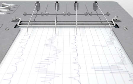 A 3D render of a polygraph lie detector machine drawing red lines on graph paper