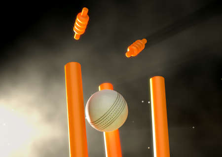 A white leather cricket ball hitting luminous orange cricket wickets on a night sky background - 3D renderの写真素材