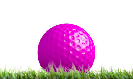 A low upward view of a regular pink lawn hockey ball resting on green grass on an isolated white background - 3D renderの写真素材