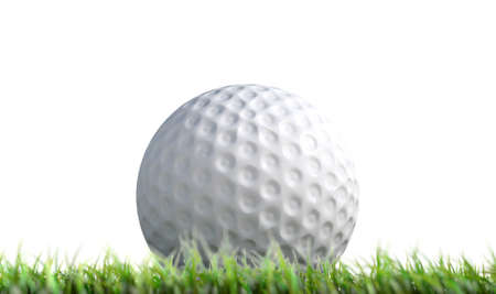 A low upward view of a regular golf ball resting on green grass on an isolated white background - 3D renderの写真素材