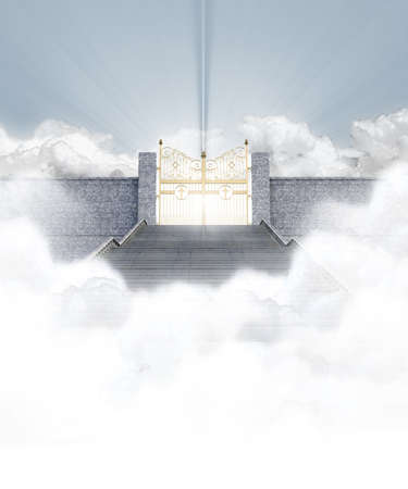 A concept depicting the majestic pearly gates of heaven surrounded by clouds and the staircase leading up to them - 3D renderの写真素材
