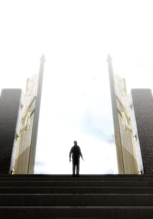 A concept depicting a person standing at the top of a staircase towards the open gates leading to...