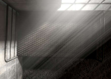 A metaphor showing a literal bed of nails in a dimly lit run down room with a dramatic morning light penetrating through the window - 3D Renderの写真素材