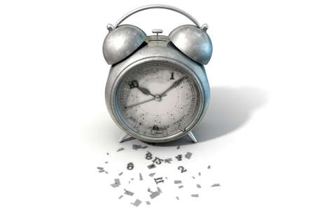 An old worn  metal vintage desk clock with a smashed screen and numbers broken off on an isolated white studio background - 3D Renderの写真素材