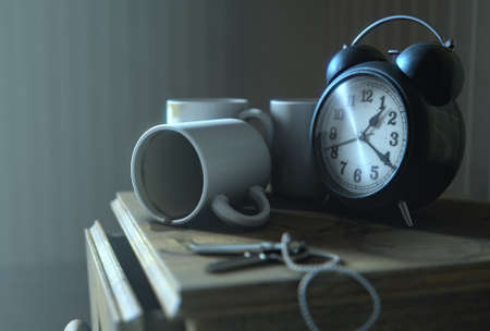 A real life concept scene showing a vintage clock on a bed side table with dirty coffee mugs and a stained top at night - 3D Renderの写真素材