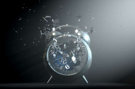 An old worn  metal vintage desk clock with its numbers smashing through the glass screen on a dramtic spotlit background- 3D Renderの写真素材