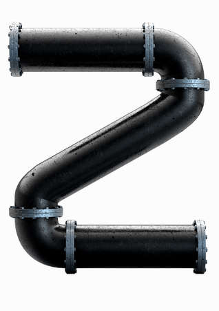 A concept letter Z made of PVC pipe with metal joins and flanges with bolts on an isolated background - 3D renderの写真素材