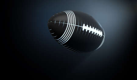 A futuristic sports concept of a black textured american football ball lit with neon markings flying...