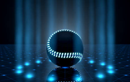 A futuristic sports concept of a baseball ball lit with neon markings on a futuristic spotlit stage - 3D renderの写真素材