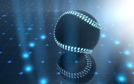 A futuristic sports concept of a baseball ball lit with neon markings on a futuristic spotlit stage - 3D renderの写真素材