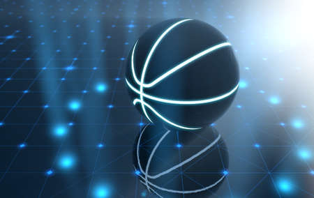 A futuristic sports concept of a basketball ball lit with neon markings on a futuristic spotlit stage - 3D renderの写真素材