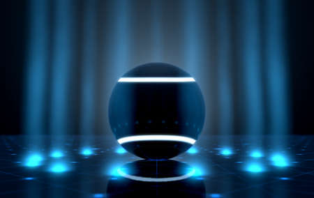 A futuristic sports concept of a tennis ball lit with neon markings on a futuristic spotlit stage - 3D renderの写真素材